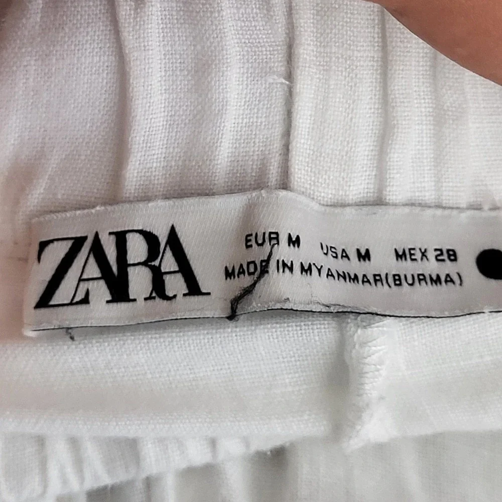 Zara Linen Wide Leg Pants Womens M White Cropped Drawstring Coastal Summer